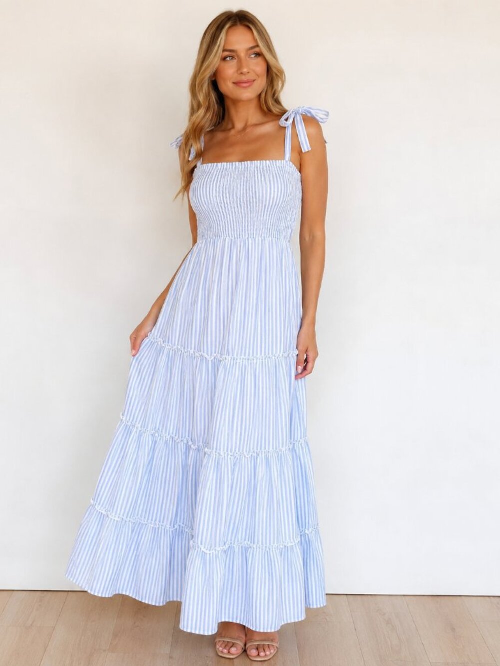 Pink Lily Caitlin Covington Blue White Stripe Tiered Midi Dress Small - 0064